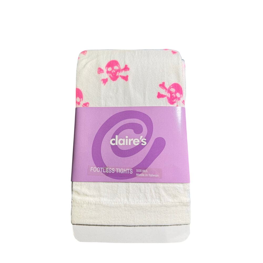 Claire's White Pink  Skull Crossbones Capri Footless Tights Women's Sz M/L New